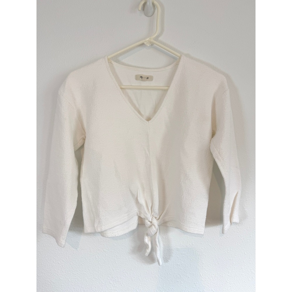 Madewell Womens XS Cream White V-Neck Tie-Front Textured Long Sleeve Crop Top